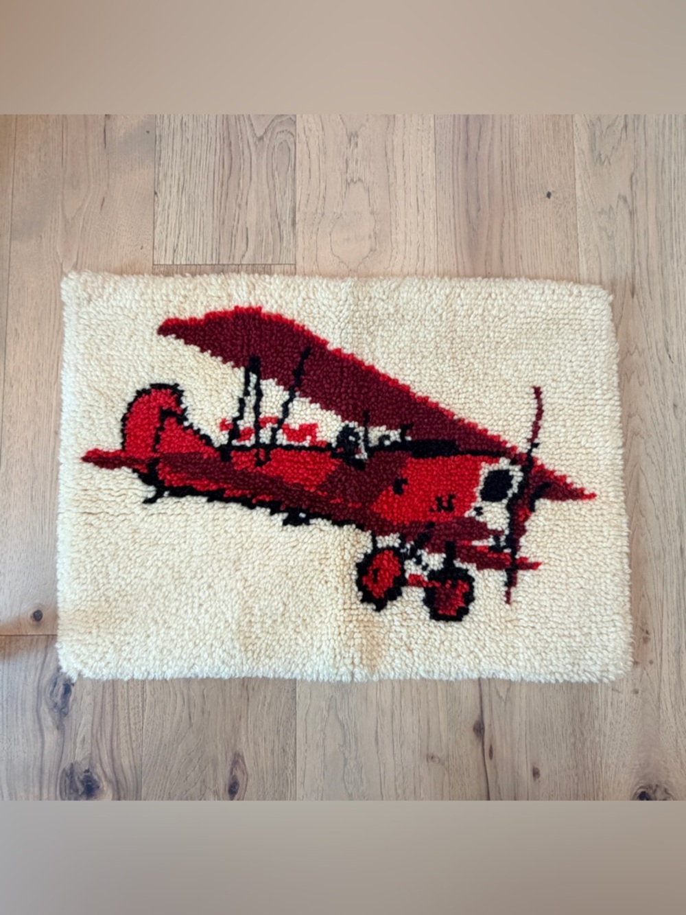 Vintage Hand Hooked Wool Rug Red Airplane Biplane 28x19 Aviation